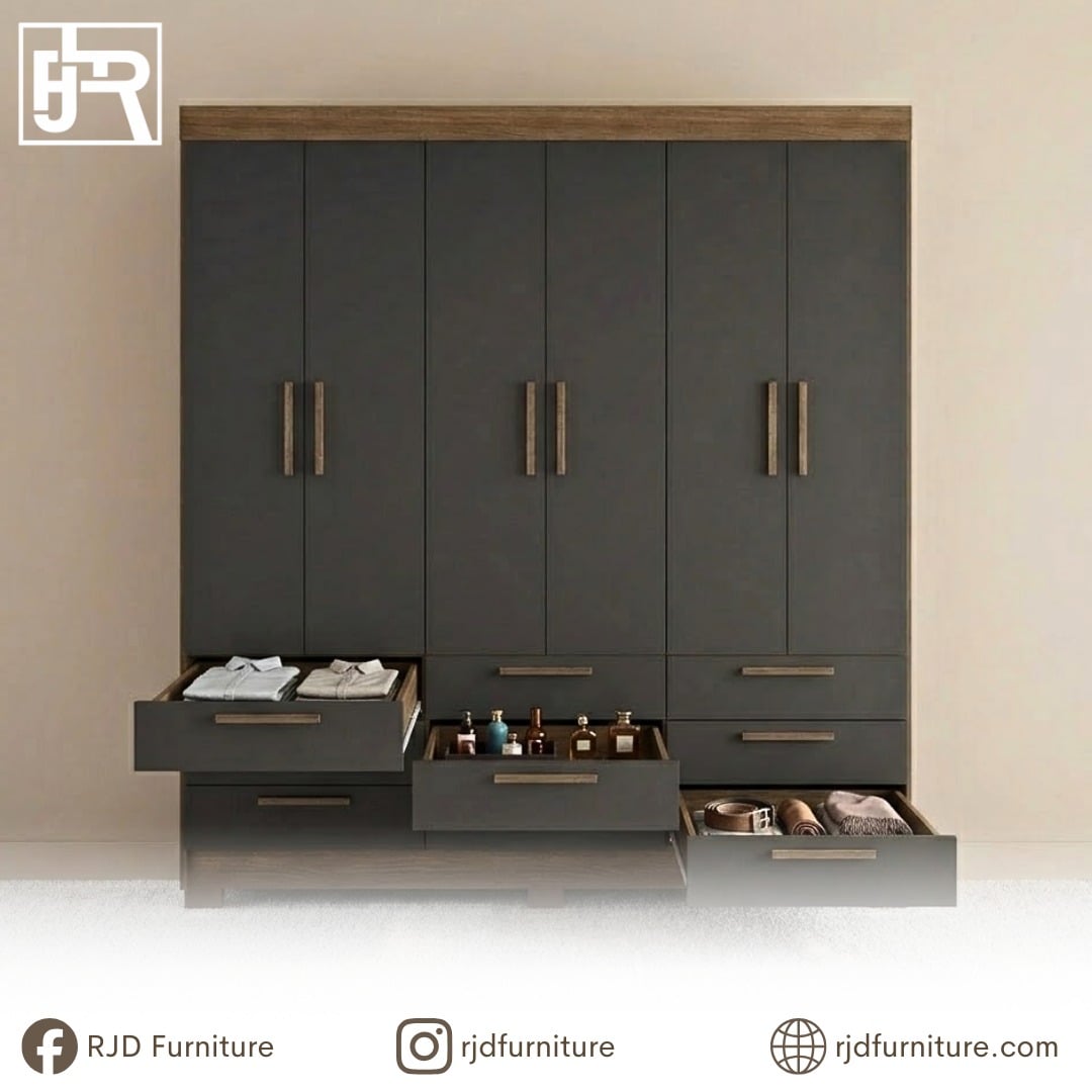 Dylan Wardrobe | Modern 6-Door Storage Cabinet in Jatoba & Graphite
