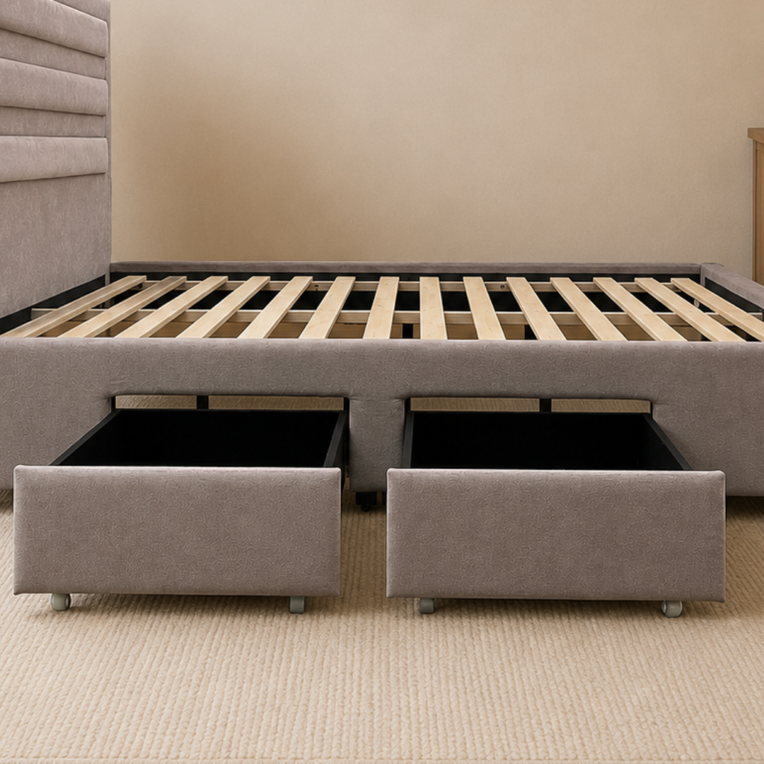 Gaffy Bed | Fabric Upholstered Queen Frame 60"x75" with 2 Side Drawers in Warm Gray
