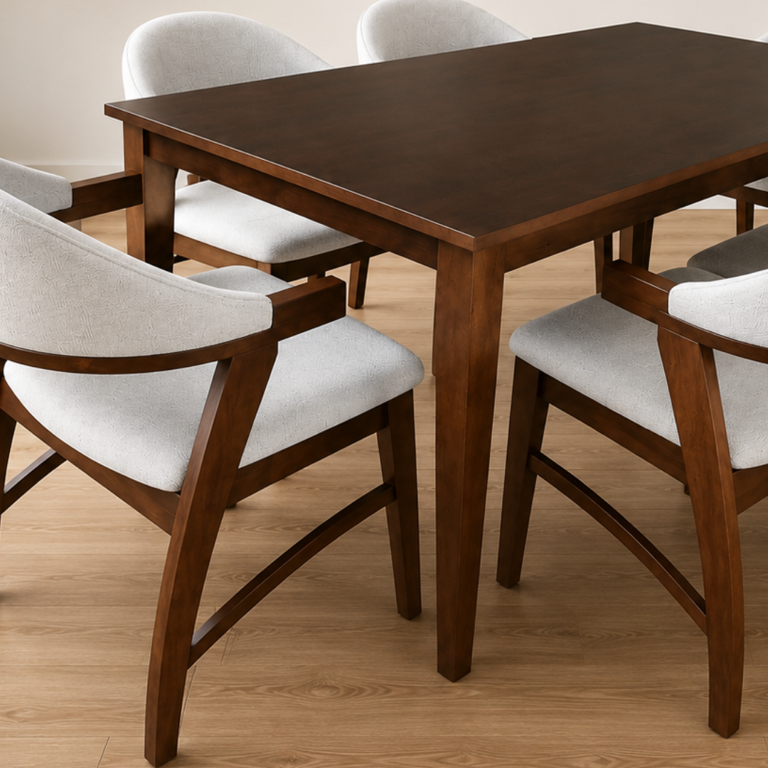 Emma Dining Set | Elegant 6-Seater Dining Set with Solid Wood Frame and Comfortable Upholstered Chairs
