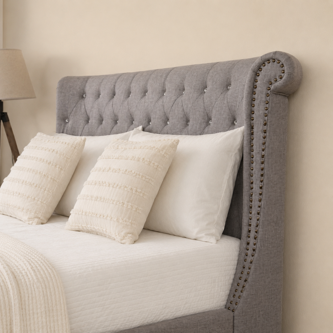 Elsie Bed | Upholstered Storage Bed in Elegant Gray Linen Fabric – Double Size