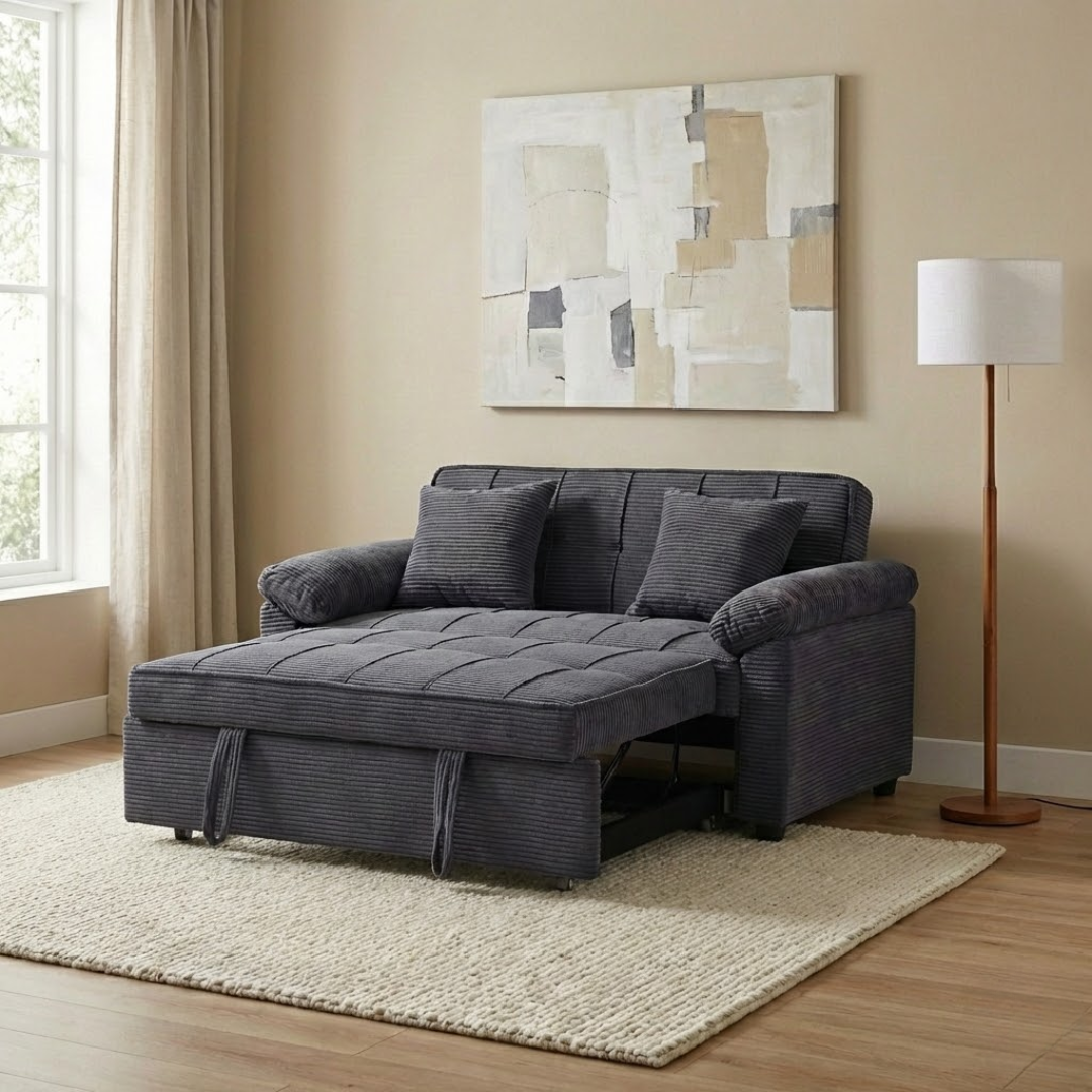 Jhelly Sofa Bed | Fabric Convertible Sofa Bed with Solid Rubber Wood Frame – Gray