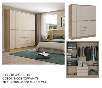 DAKOTA 6-Door Wardrobe | Beige Gloss Finish with Drawers & Hanging Space