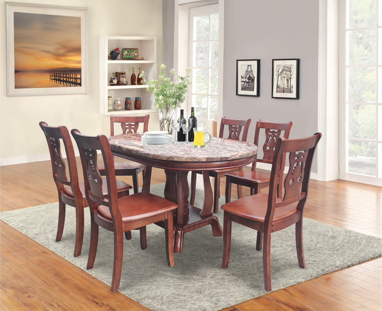 Darlene Dining Set | Oval Marble-Top Table with Elegant Carved Chairs – 6 or 8 Seaters