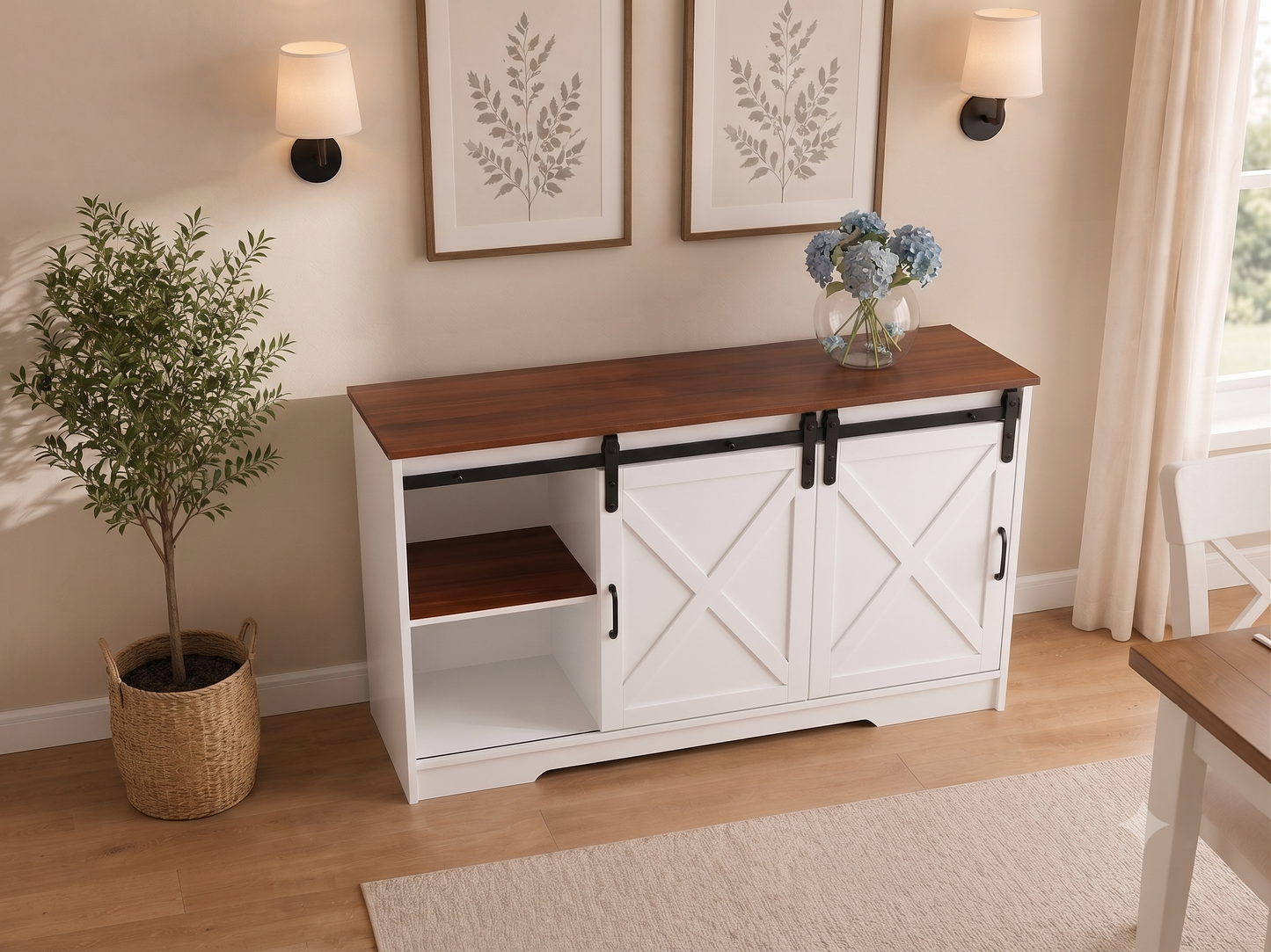 HARPER Buffet Cabinet | Farmhouse Storage Cabinet with Sliding Barn Doors and Walnut Top