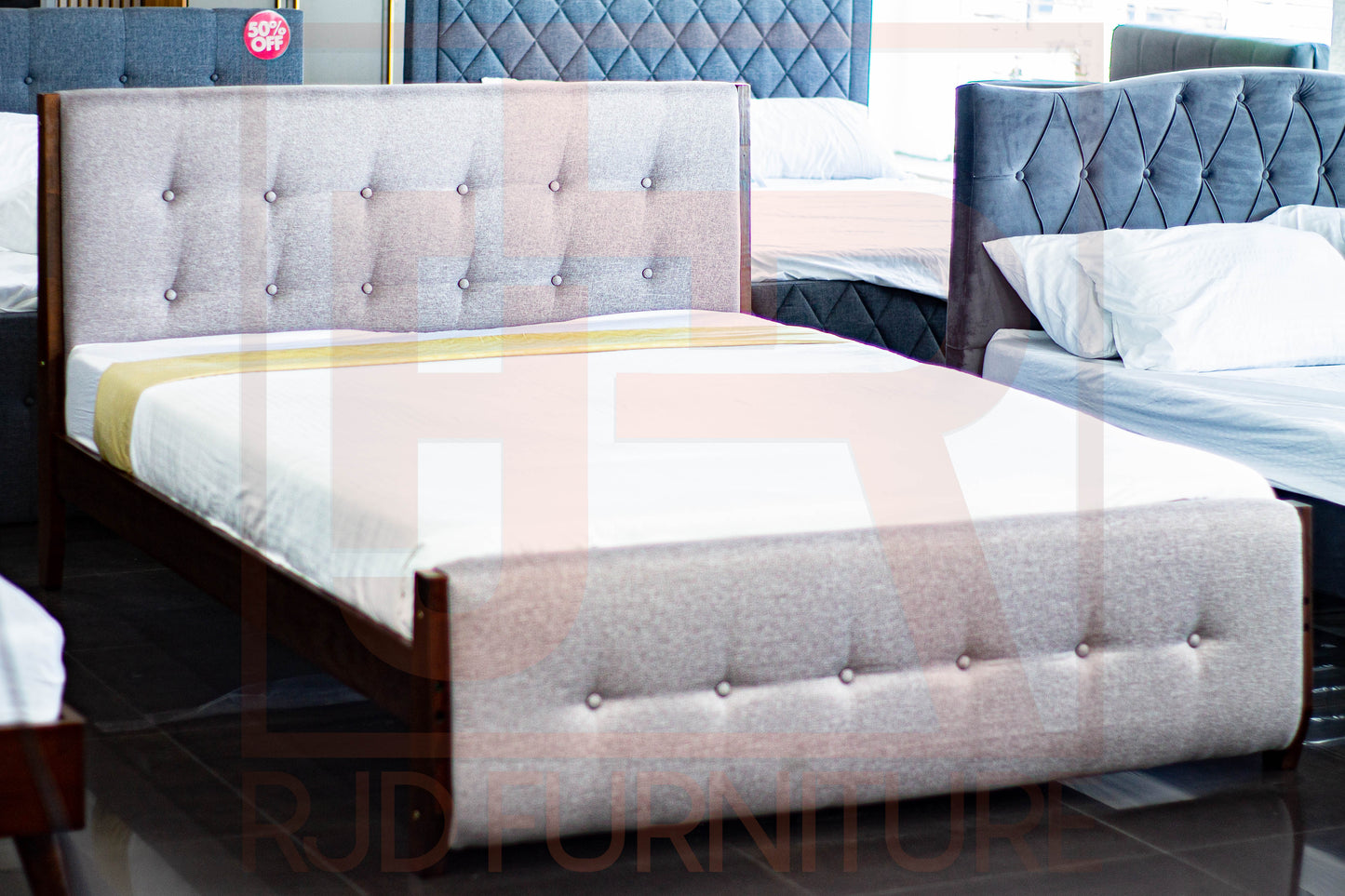 Ivy Bed | Tufted Fabric Bed Frame with Walnut Accents – Twin, Double & Queen