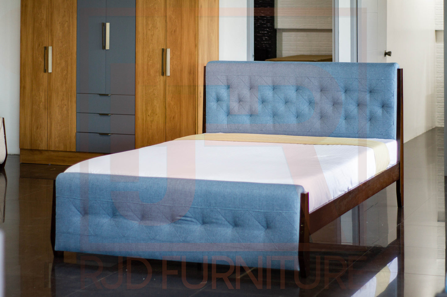 Naomi Bed | Modern Tufted Upholstered Bed Frame with Wooden Accents – Twin, Double, Queen