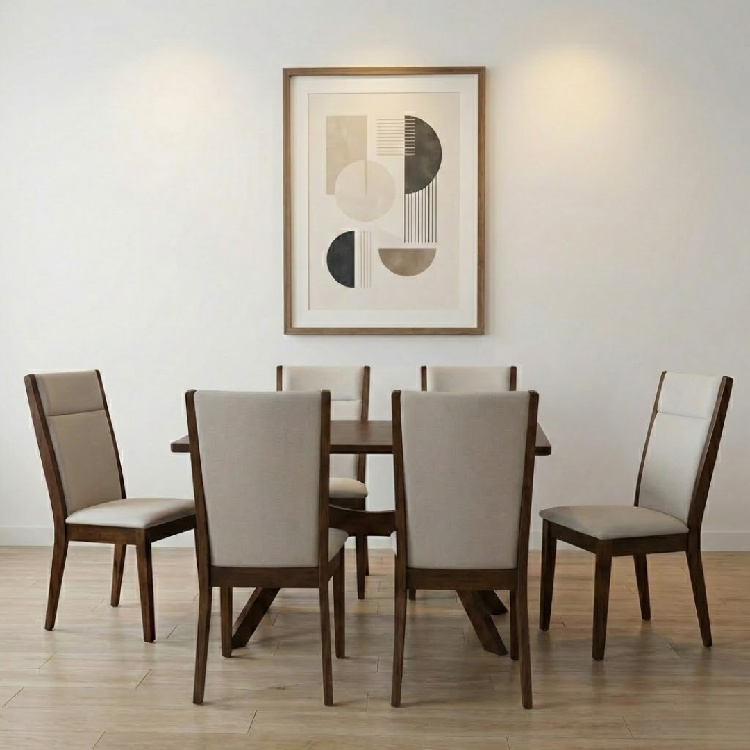 ESTHER 6-Seater Dining Set | Solid Rubberwood Table with Cushion Dining Chairs