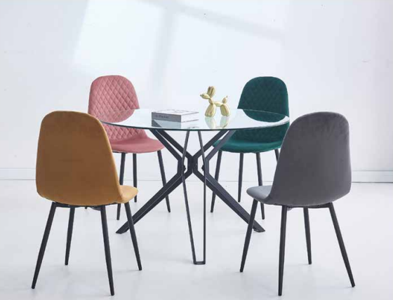 RILEY Dining Set | Modern Glass Round Table with 4 Velvet Dining Chairs