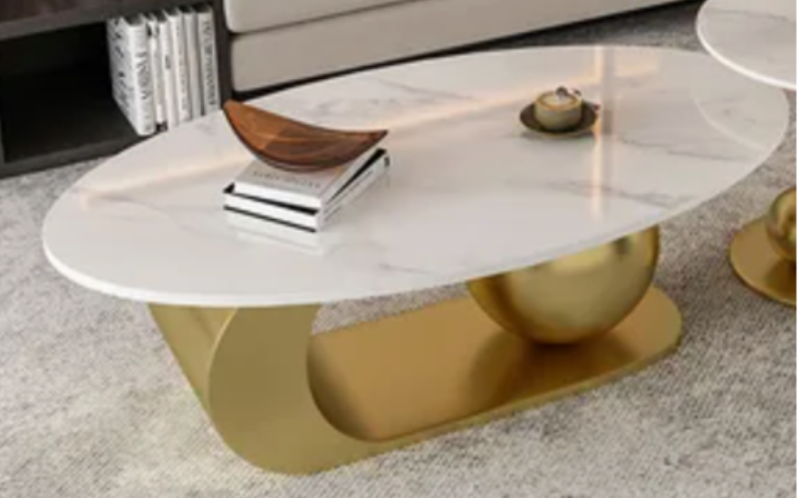 JULIE Center Table – Gold | Oval Sintered Stone Top with Artistic Base