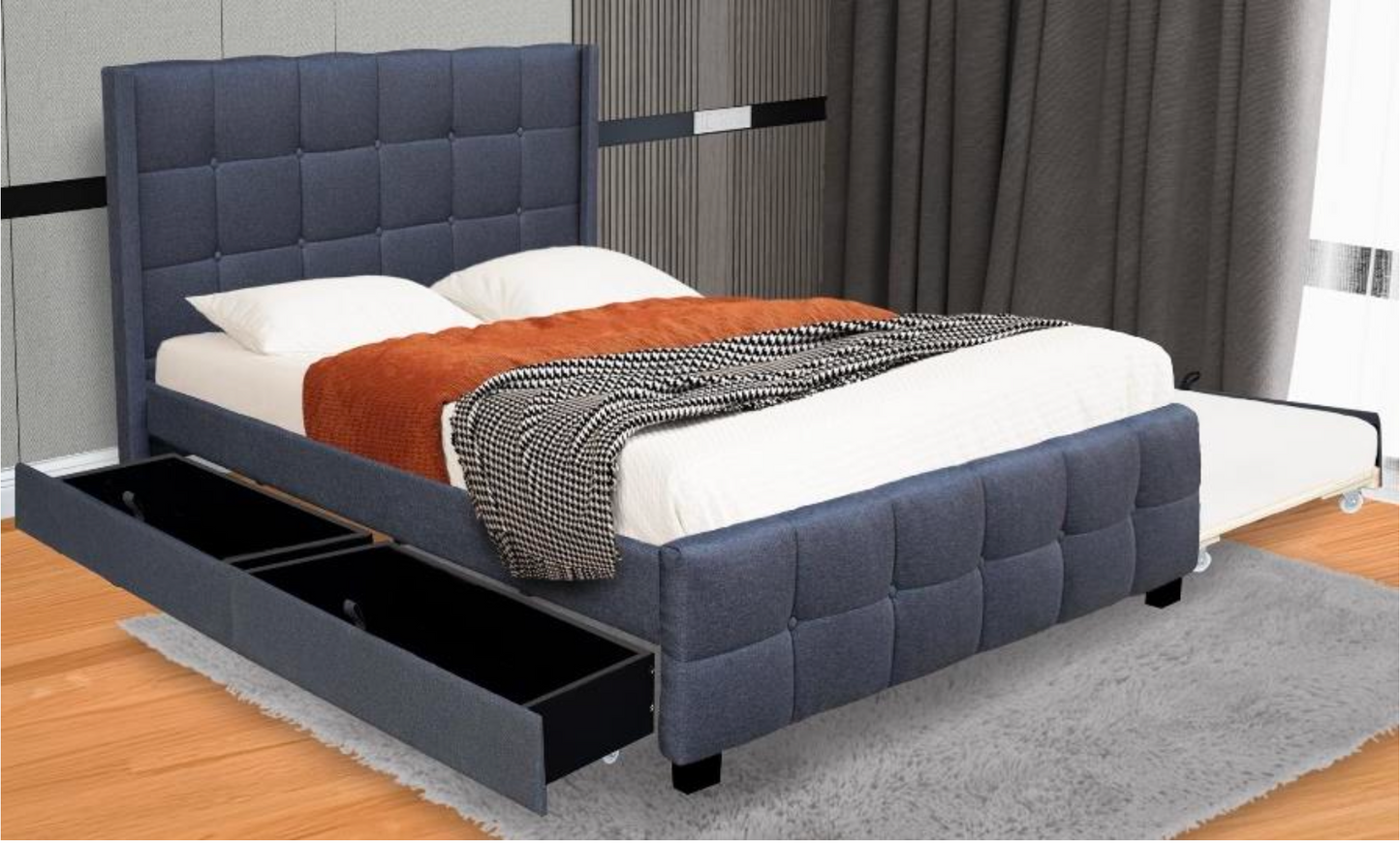 Arianne Bed | King-Size Tufted Bed with 2 Storage Drawers + Pull-Out Bed (36x75”)