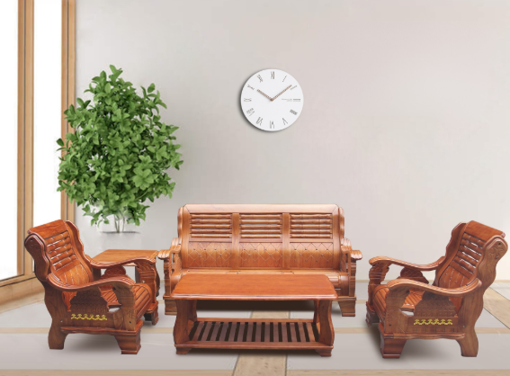 Alodia Wooden Sala Set | Solid Asian Oak Wood Living Room Set in Walnut Finish (3-1-1 with Center & Side Table)
