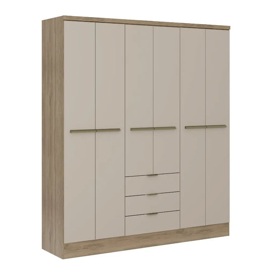 DAKOTA 6-Door Wardrobe | Beige Gloss Finish with Drawers & Hanging Space
