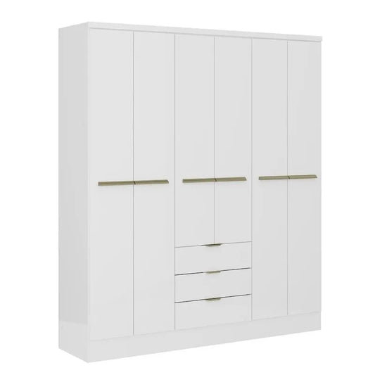 ANASTASIA 6-Door Wardrobe | Modern White Closet with Drawers and Hanging Space