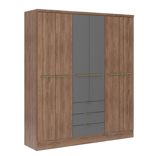 CHRISTIAN 6-Door Wardrobe | Modern Woodgrain & Gray Closet with Drawers