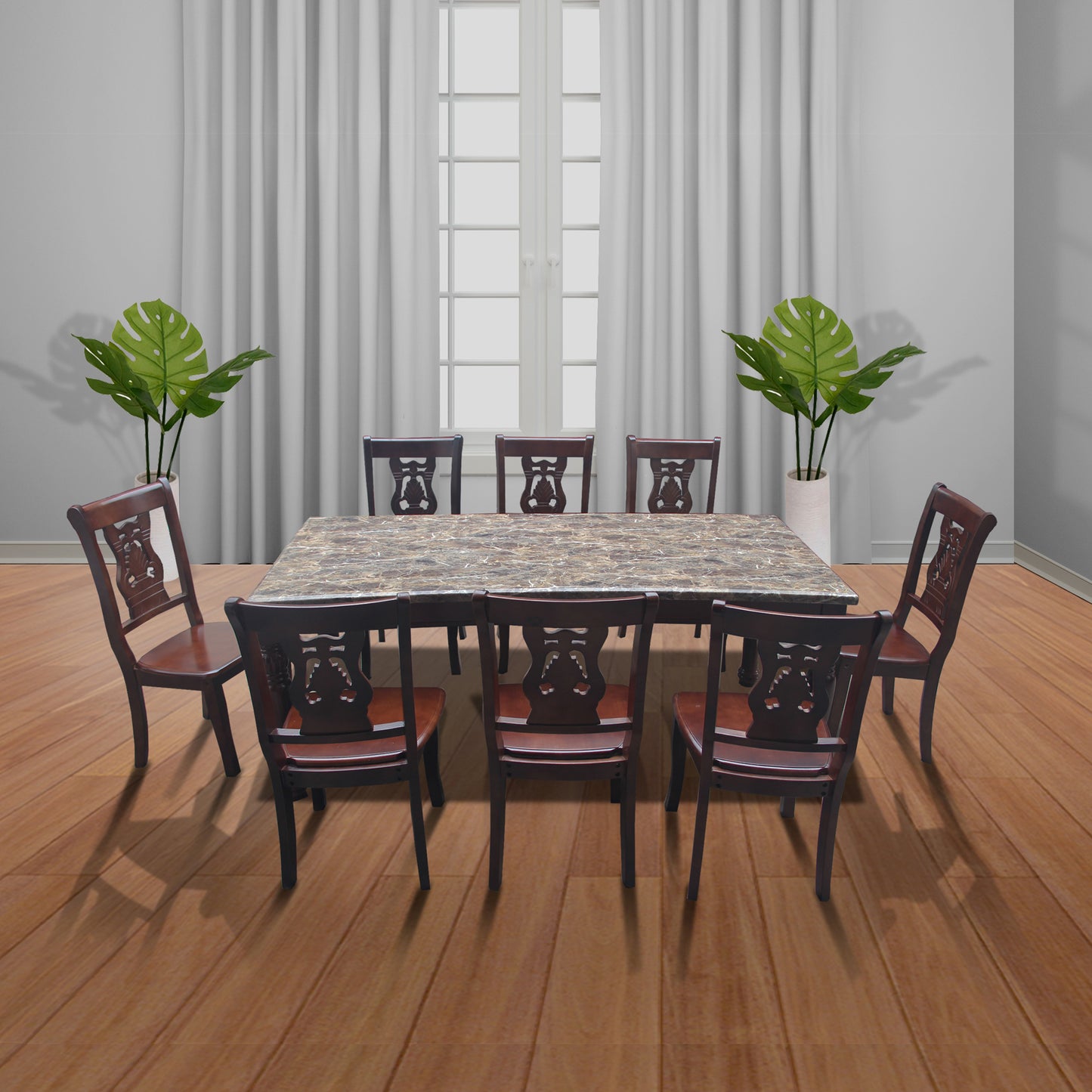 Zahara Dining Set | Classic Marble-Look Table with Elegantly Carved Chairs – 6 or 8 Seaters