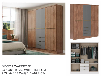CHRISTIAN 6-Door Wardrobe | Modern Woodgrain & Gray Closet with Drawers