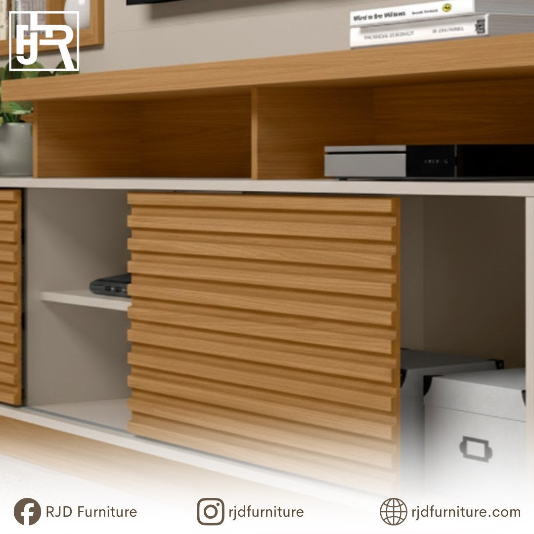 Evo TV Rack Entertainment Cabinet | TV Stand with Sliding Doors, Mirrored Niches and LED Lights