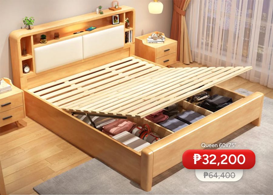 Ivory Scandinavian BED with Lift-Up Storage | Solid Wood Frame with Headboard Shelf