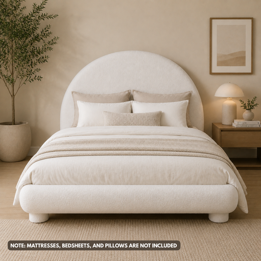 Halo Queen Bed | Modern Bouclé Upholstered Bed with Minimalist Rounded Design