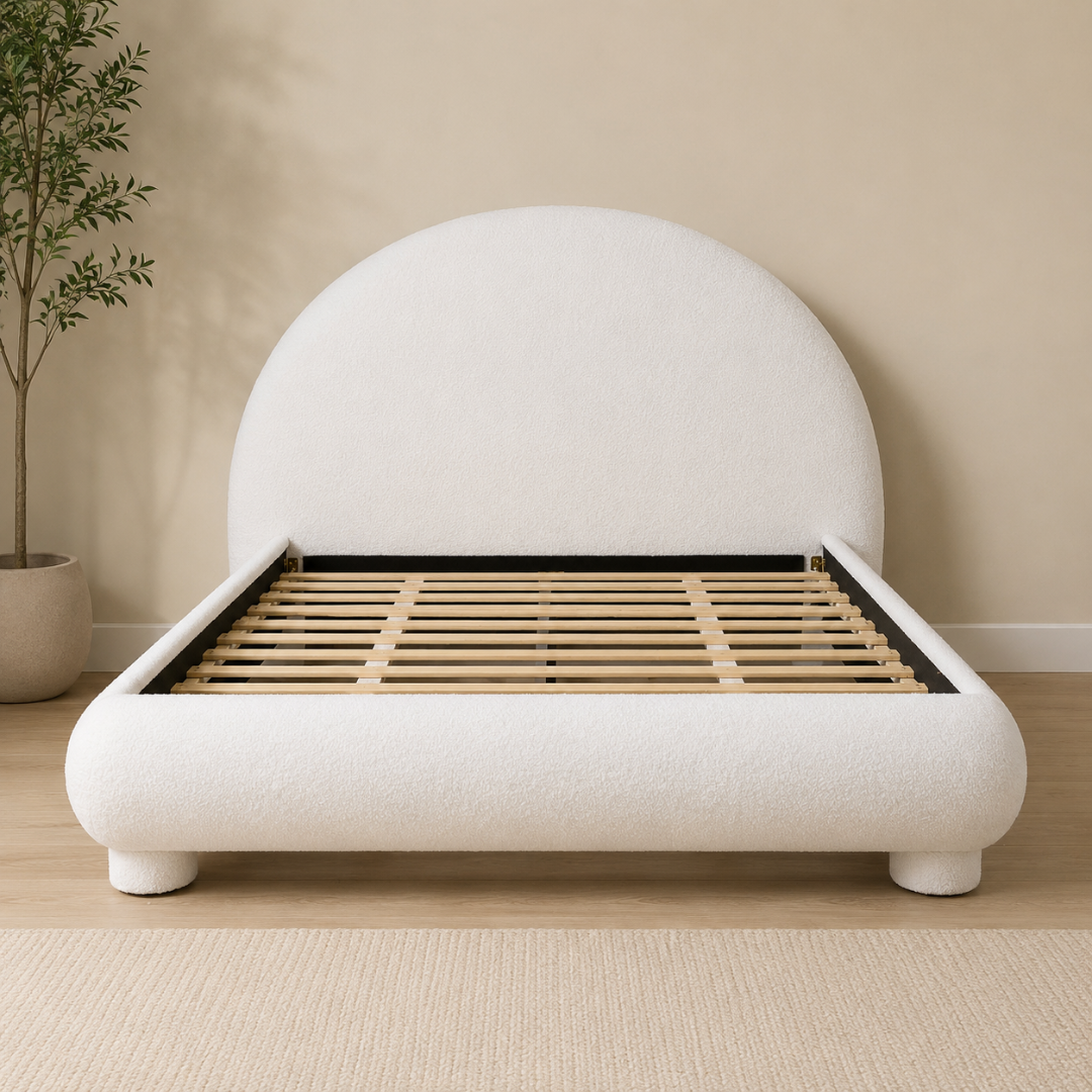 Halo Queen Bed | Modern Bouclé Upholstered Bed with Minimalist Rounded Design