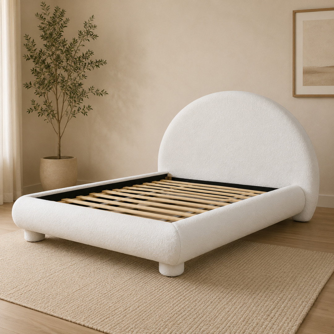 Halo Queen Bed | Modern Bouclé Upholstered Bed with Minimalist Rounded Design