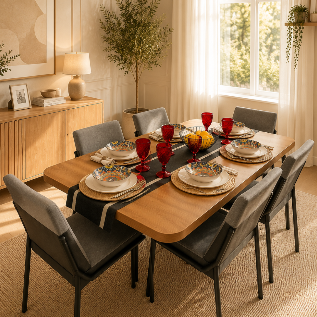SARABI 6-Seater Dining Set | Modern Wood Dining Set with Upholstered Chairs & Black Metal Frame