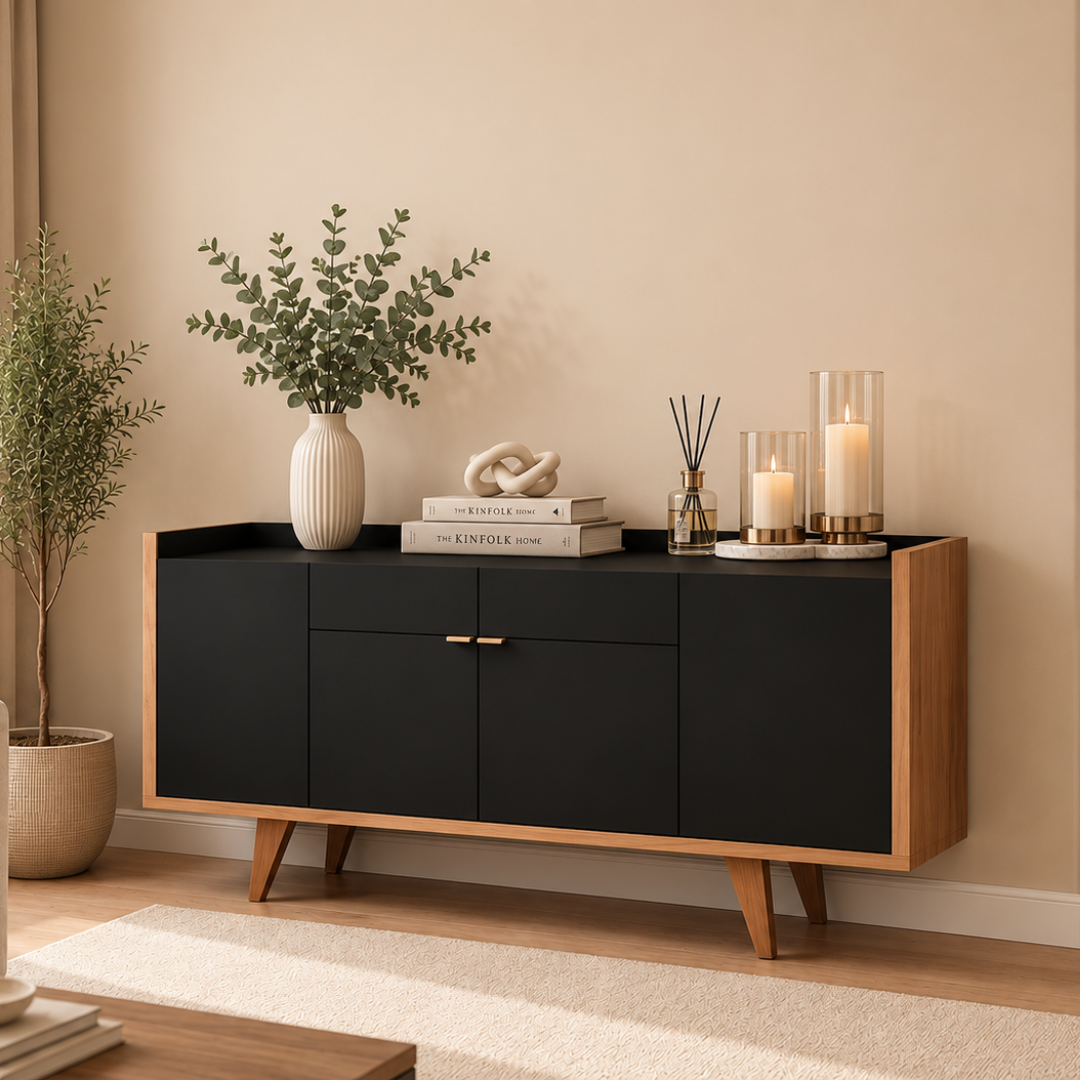 Melody Buffet Table | Modern Black Matte & Natural Storage Cabinet with Spacious Organization