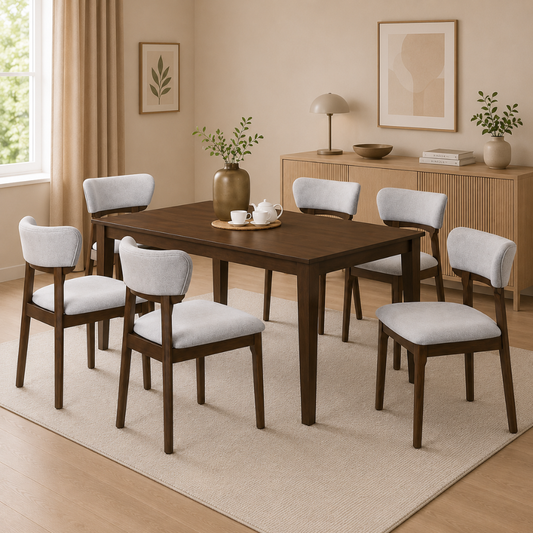 Bean Dining Set | Elegant 6-Seater Dining Set with Solid Wood Table and Comfortable Upholstered Chairs