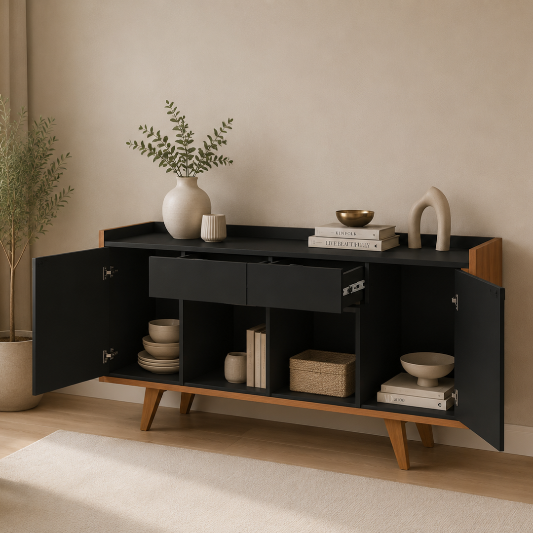 Melody Buffet Table | Modern Black Matte & Natural Storage Cabinet with Spacious Organization