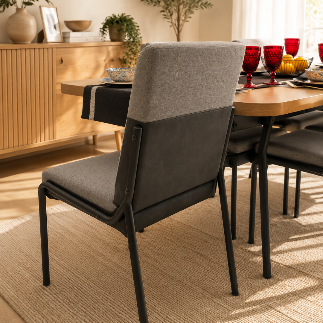 SARABI 6-Seater Dining Set | Modern Wood Dining Set with Upholstered Chairs & Black Metal Frame