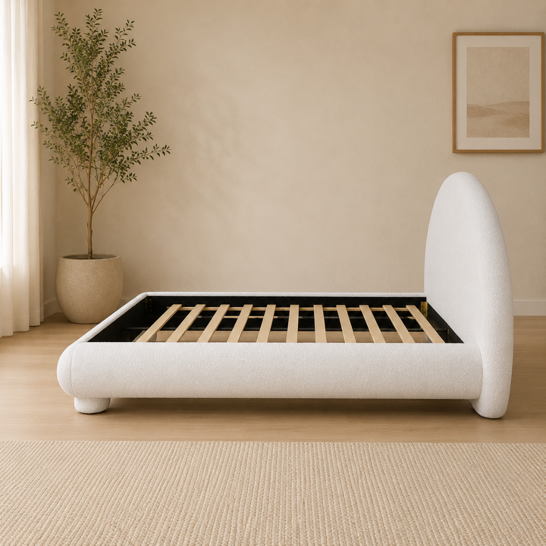 Halo Queen Bed | Modern Bouclé Upholstered Bed with Minimalist Rounded Design