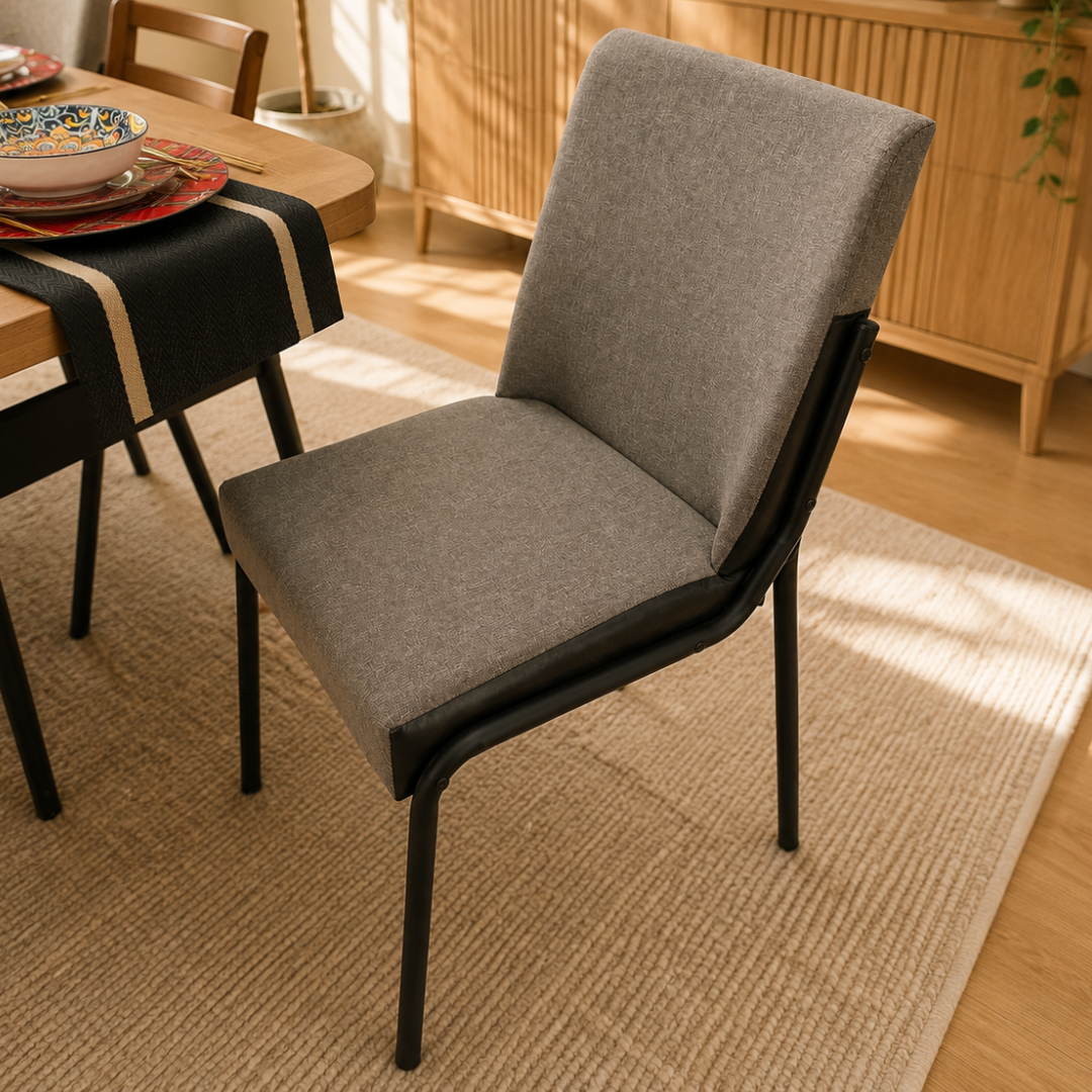 SARABI 6-Seater Dining Set | Modern Wood Dining Set with Upholstered Chairs & Black Metal Frame