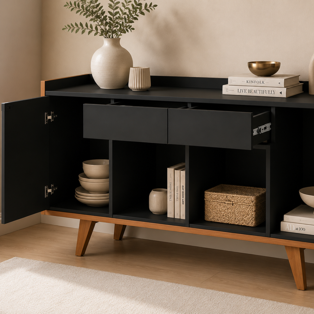 Melody Buffet Table | Modern Black Matte & Natural Storage Cabinet with Spacious Organization