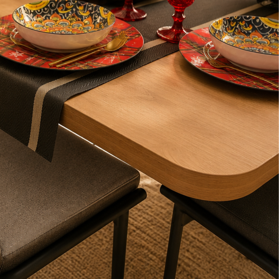 SARABI 6-Seater Dining Set | Modern Wood Dining Set with Upholstered Chairs & Black Metal Frame