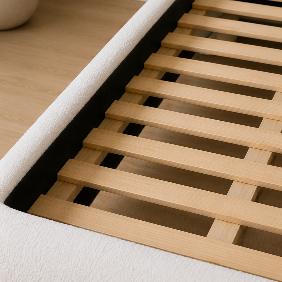 Halo Queen Bed | Modern Bouclé Upholstered Bed with Minimalist Rounded Design