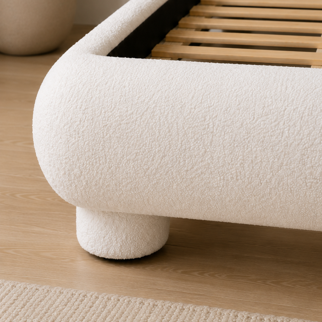 Halo Queen Bed | Modern Bouclé Upholstered Bed with Minimalist Rounded Design
