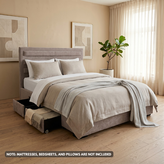 Gaffy Bed | Fabric Upholstered Queen Frame 60"x75" with 2 Side Drawers in Warm Gray