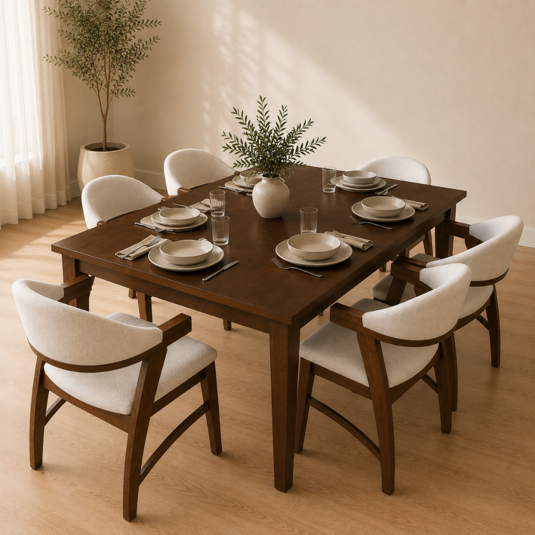 Emma Dining Set | Elegant 6-Seater Dining Set with Solid Wood Frame and Comfortable Upholstered Chairs