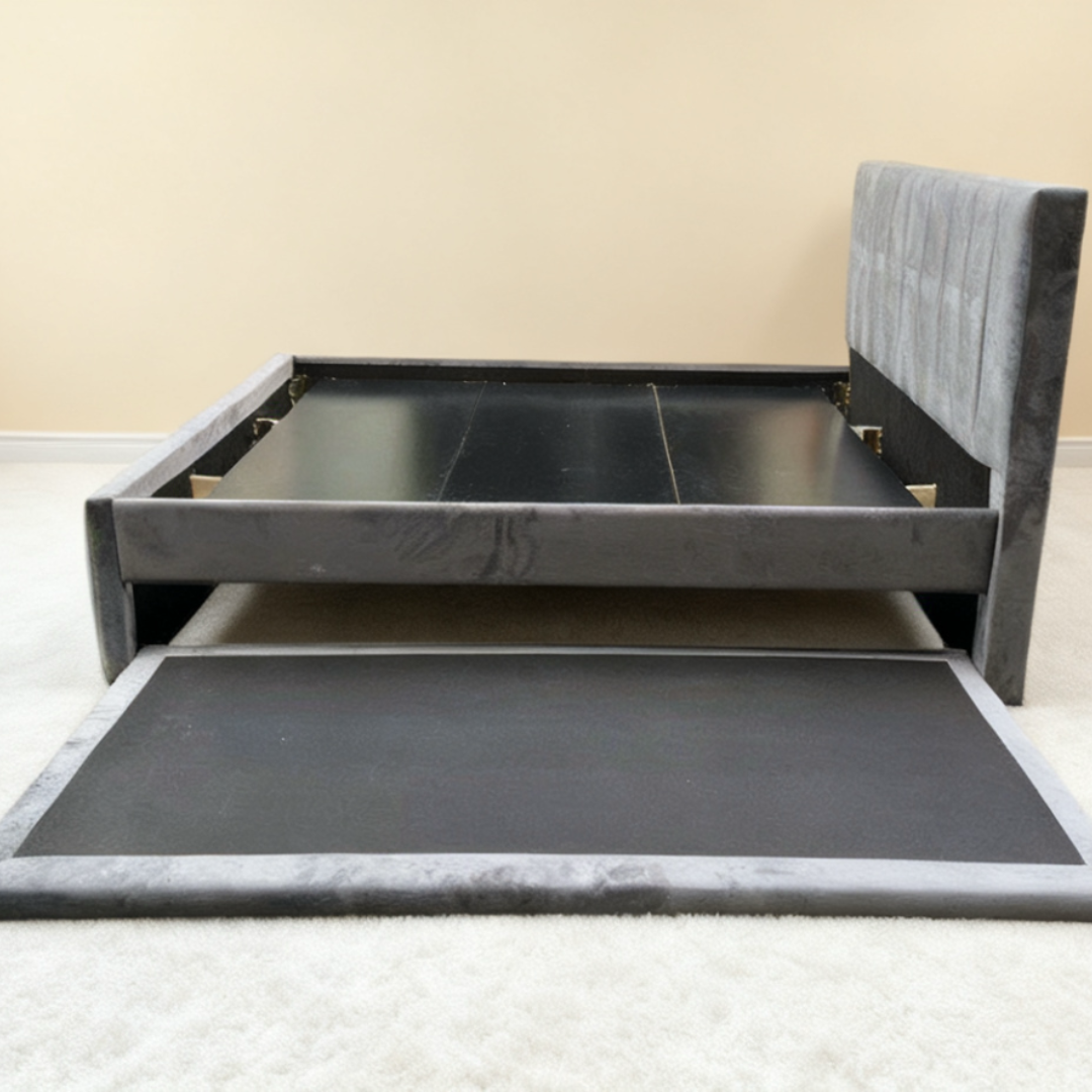 Dawn Bed | Grey Velvet Upholstered Bed with Pullout – 60” x 75” + 36” x 75”