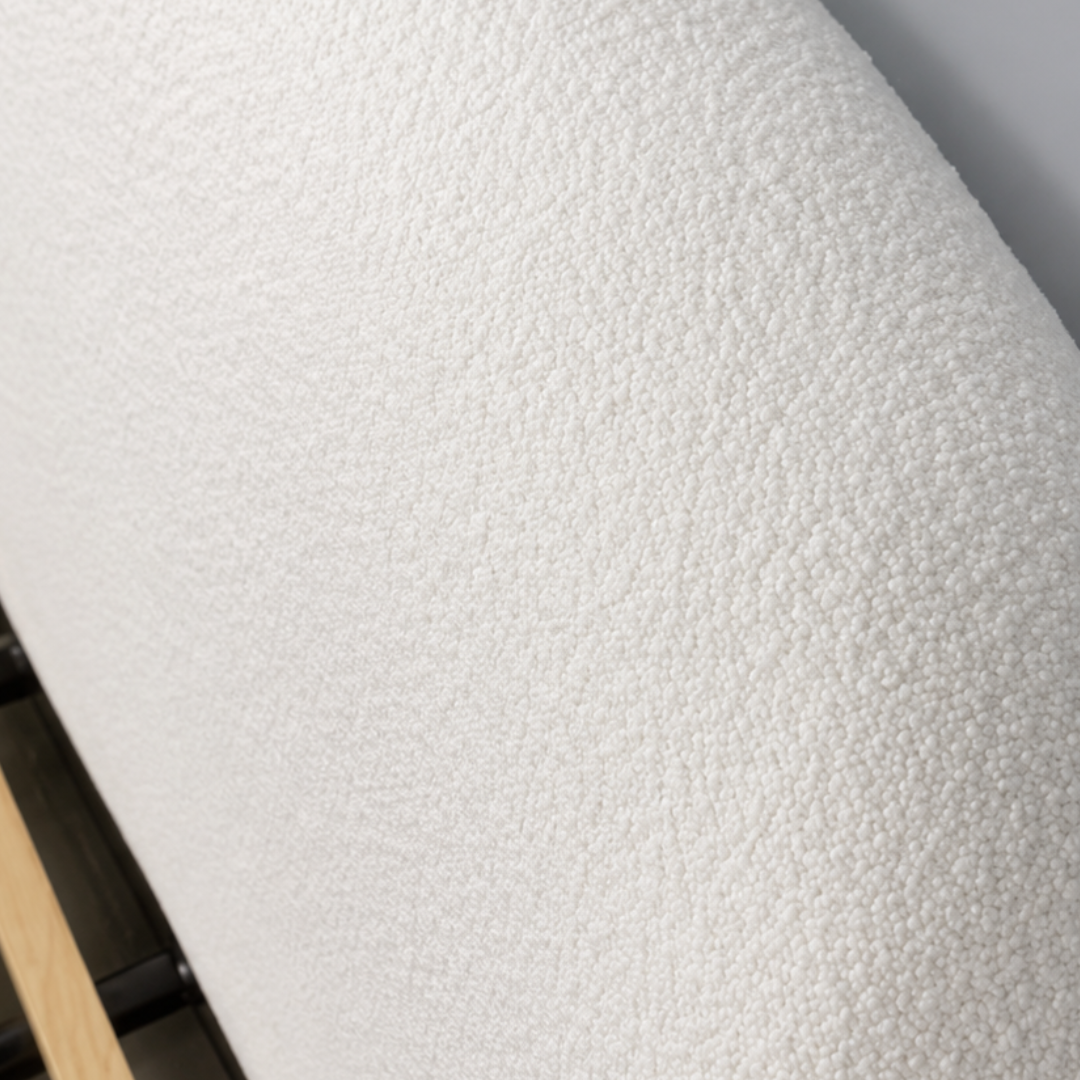 Halo Queen Bed | Modern Bouclé Upholstered Bed with Minimalist Rounded Design
