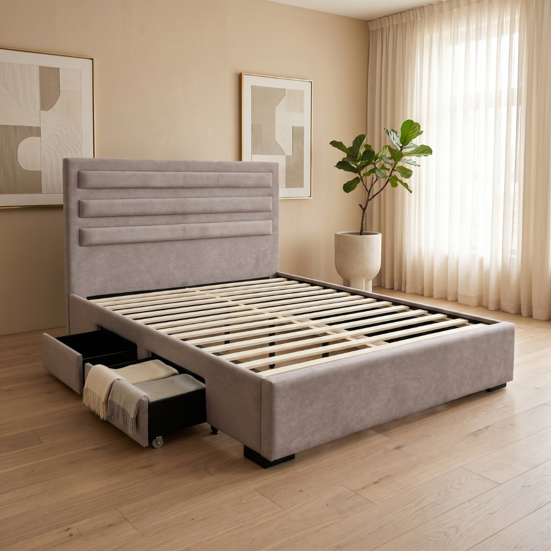 Gaffy Bed | Fabric Upholstered Queen Frame 60"x75" with 2 Side Drawers in Warm Gray