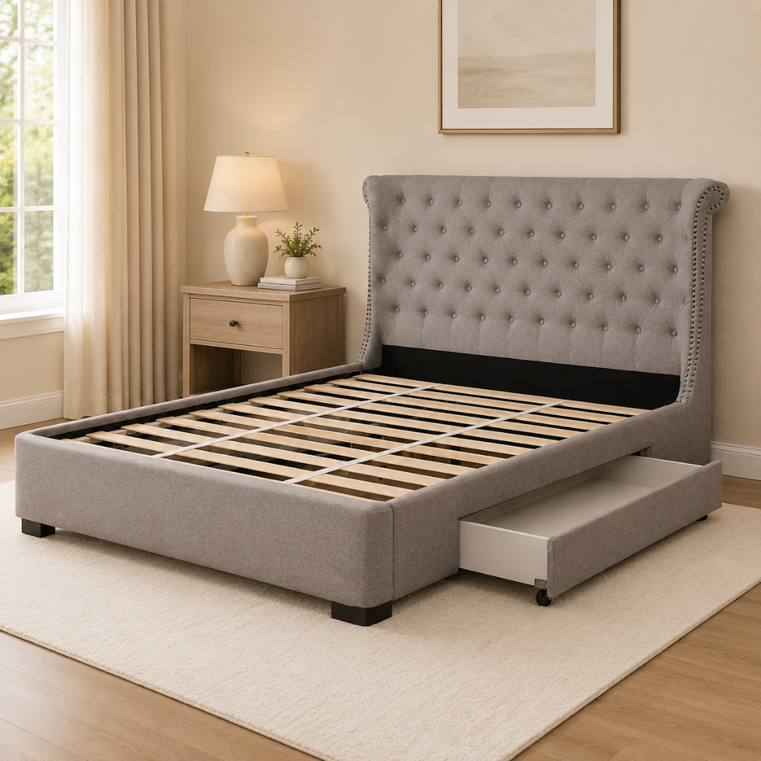 Elsie Bed | Upholstered Storage Bed in Elegant Gray Linen Fabric – Double Size
