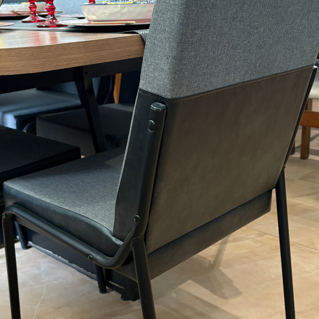 SARABI 6-Seater Dining Set | Modern Wood Dining Set with Upholstered Chairs & Black Metal Frame
