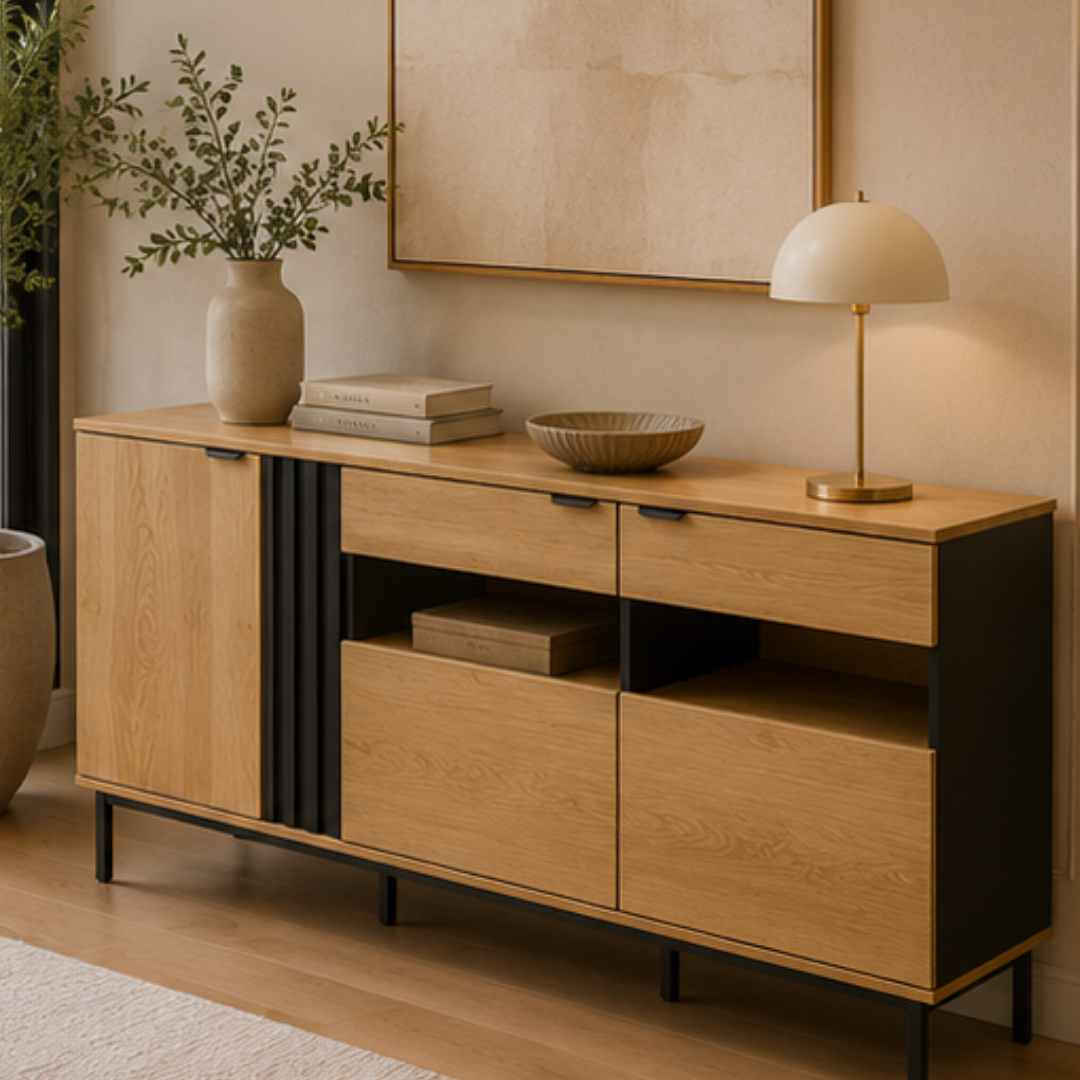 FARON Buffet Table | Stylish Storage Cabinet with Natural Wood Finish and Black Accents