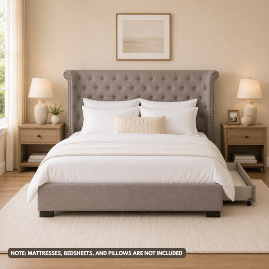 Elsie Bed | Upholstered Storage Bed in Elegant Gray Linen Fabric – Double Size