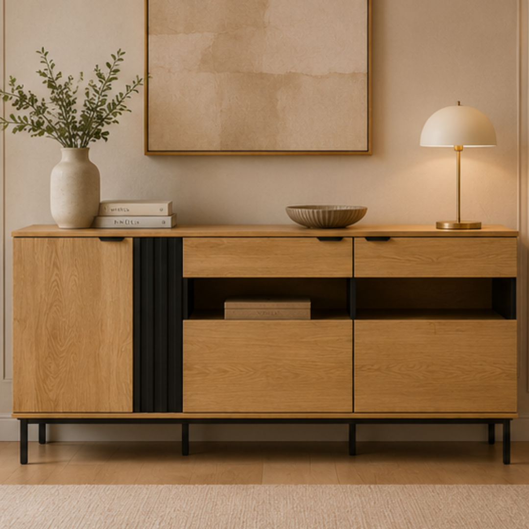 FARON Buffet Table | Stylish Storage Cabinet with Natural Wood Finish and Black Accents