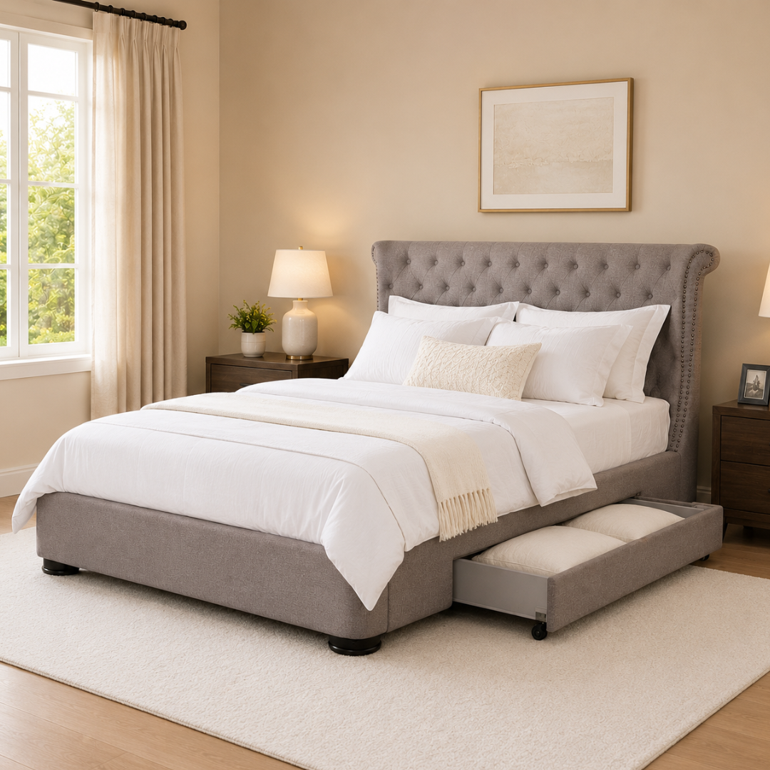 Elsie Bed | Upholstered Storage Bed in Elegant Gray Linen Fabric – Double Size