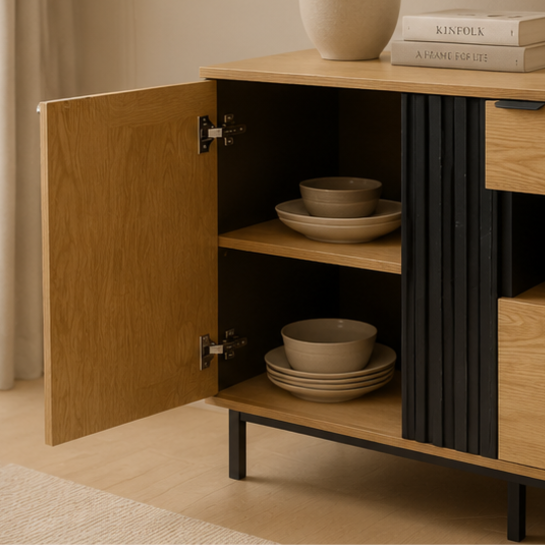 FARON Buffet Table | Stylish Storage Cabinet with Natural Wood Finish and Black Accents