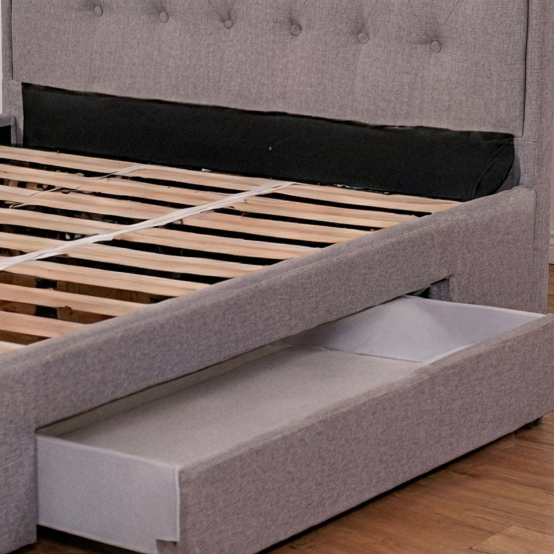 Elsie Bed | Upholstered Storage Bed in Elegant Gray Linen Fabric – Double Size