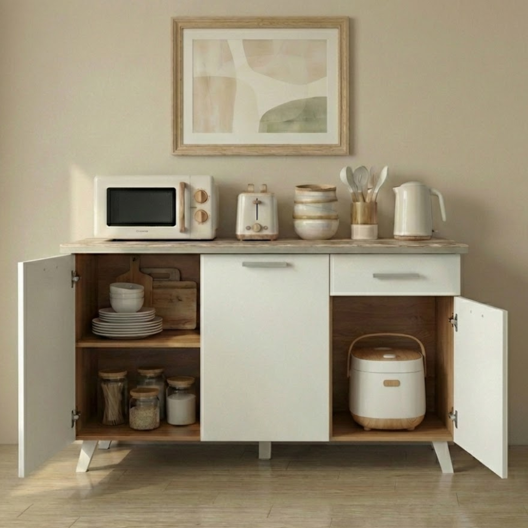 ESME Kitchen Cabinet | Engineered Wood Storage with Metal Legs – Lt. Sonoma Oak & White